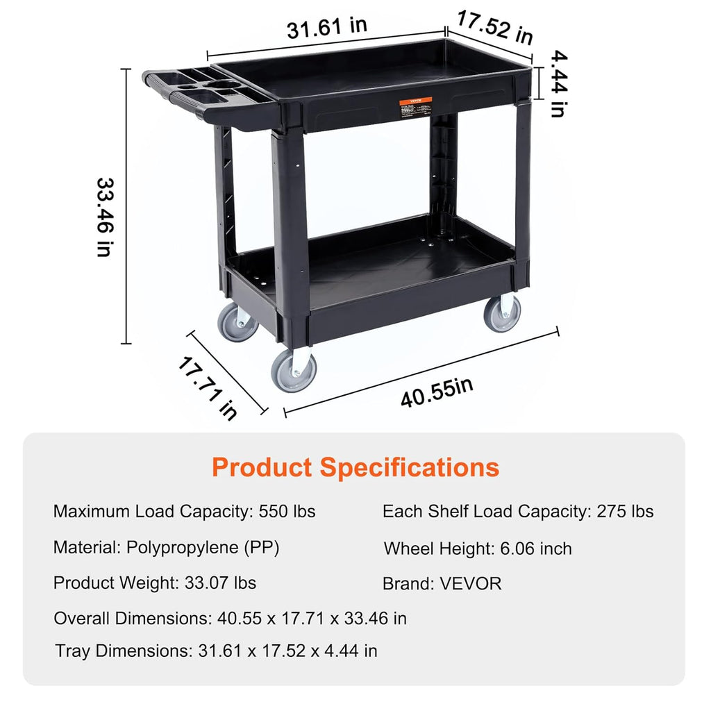 VEVOR Utility Service Cart, 2 Shelf 550LBS Heavy Duty Rolling Cart, Black N9223
