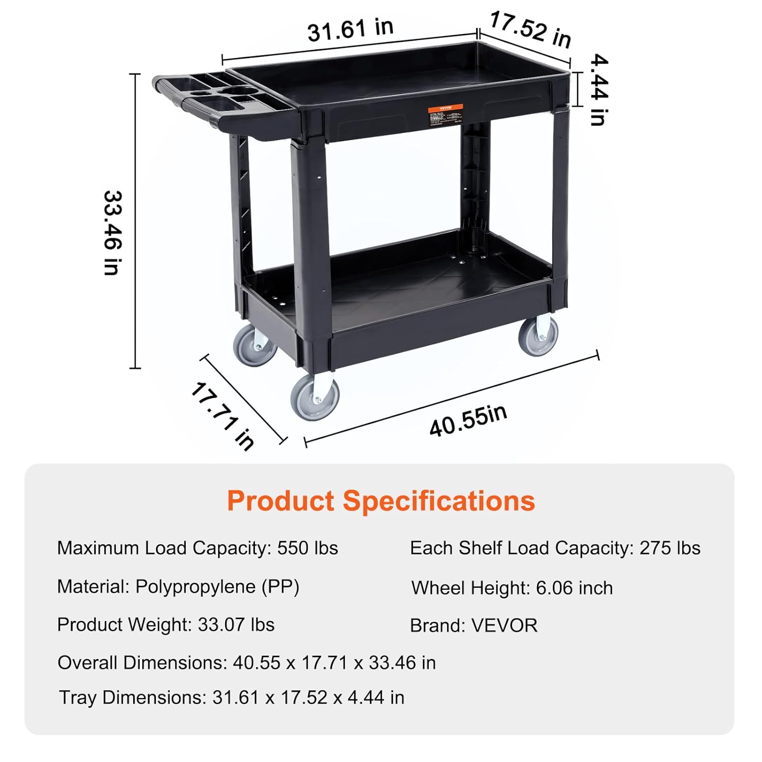 VEVOR Utility Service Cart, 2 Shelf 550LBS Heavy Duty Rolling Cart, Black N9223