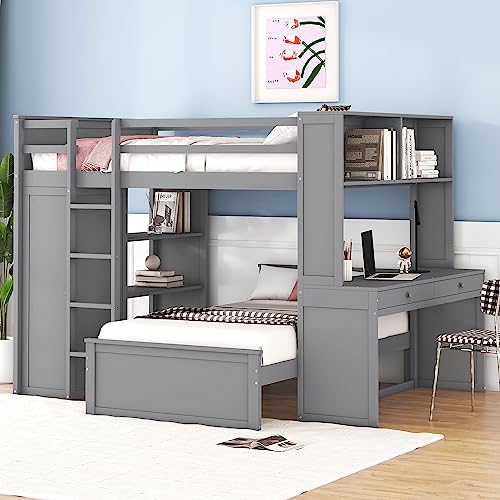Harper & Bright Designs Full Over Twin Bunk Bed with Desk and Storage, Solid Wood, Gray L8927