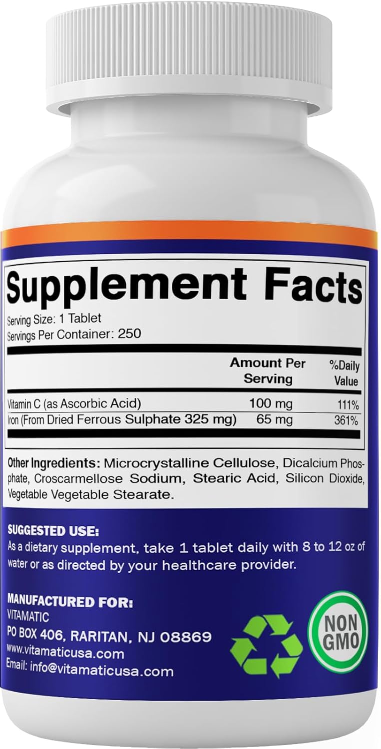 Vitamatic Ferrous Sulphate 325 mg + Vitamin C 100 mg Iron Supplement, 250 Coated Tablets J387