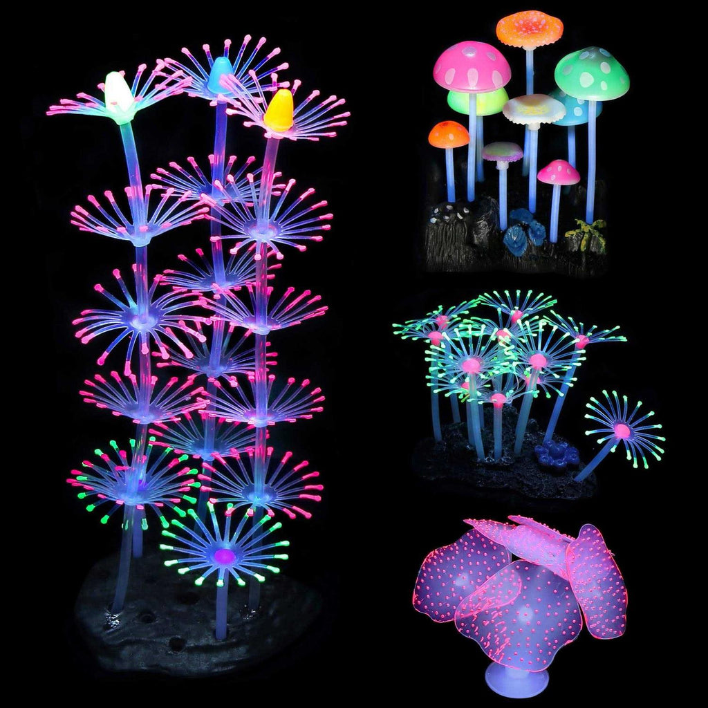 Lpraer 4 Pack Glow Aquarium Decorations Coral Reef Glowing Mushroom Anemone Simulation Glow Plant Glowing Effect Silicone for Fish Tank Decorations - Pet Supplies online store