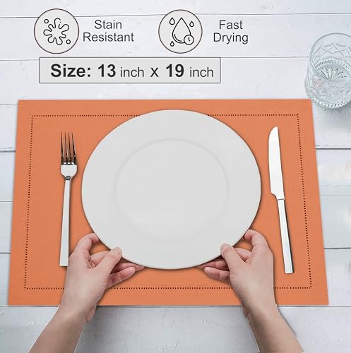 Ruvanti Linen Placemats Set of 6, 13x19 Inch, Hemstitch, Heat Resistant, Machine Washable, Ivory C907