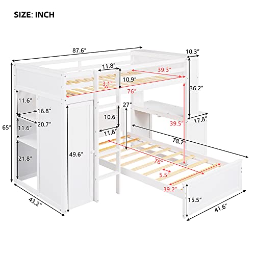 Harper & Bright Designs Full Over Twin Bunk Bed with Desk and Storage, Solid Wood, Gray L8927