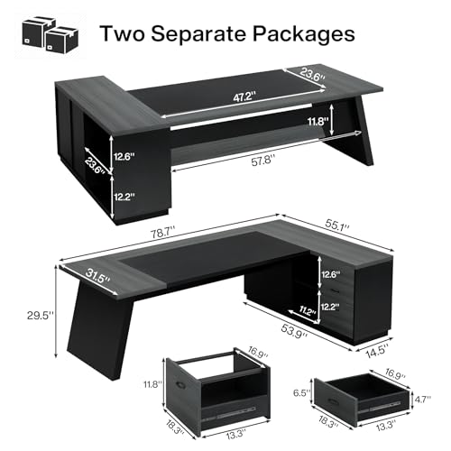 Tribesigns 78" L-Shaped Executive Desk with Drawers and File Cabinet, Walnut & Black V6249