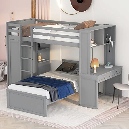Harper & Bright Designs Full Over Twin Bunk Bed with Desk and Storage, Solid Wood, Gray L8927