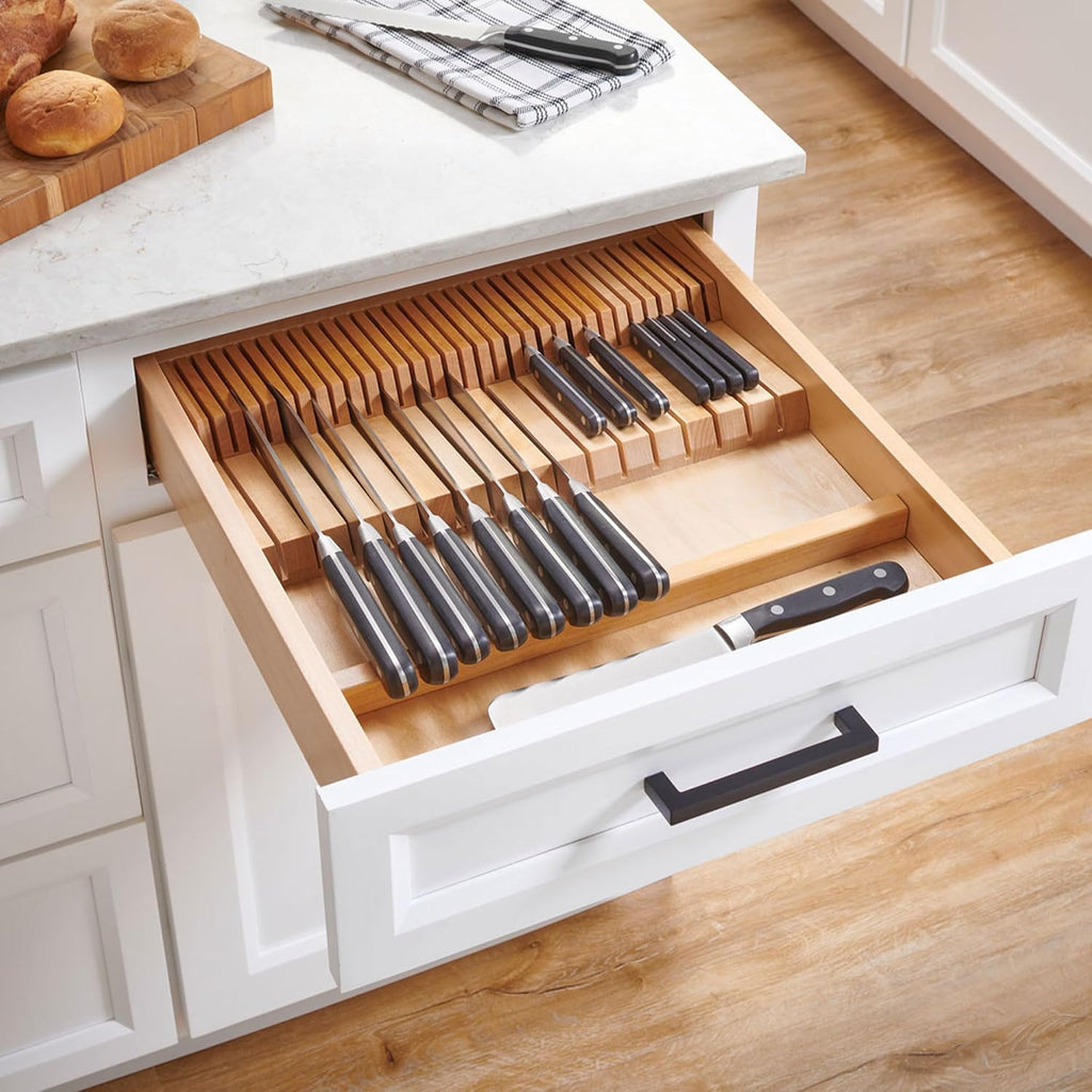 Rev-A-Shelf Dual Row Knife Block Drawer Organizer, 55 Slot Cutlery Tray, Wood N777