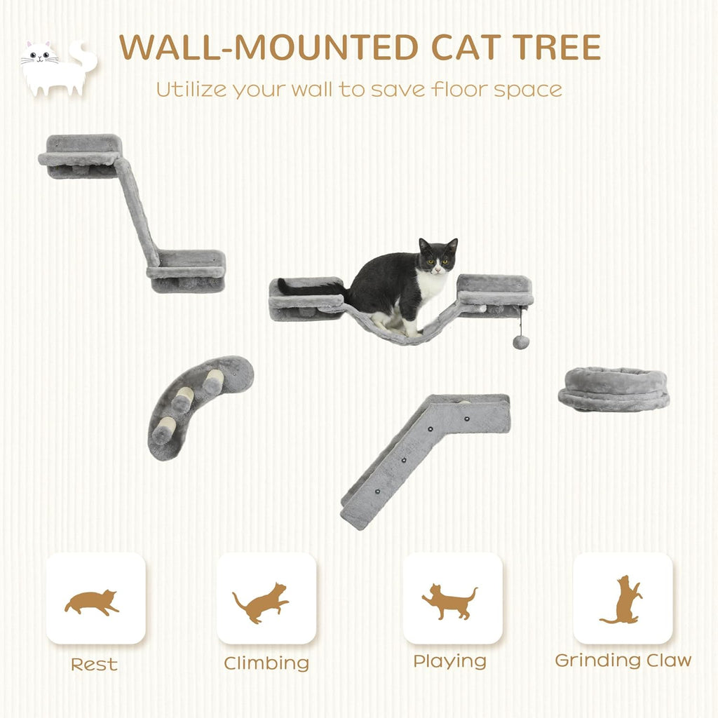PawHut Cat Wall Shelves with Steps and Perches, Gray E4800