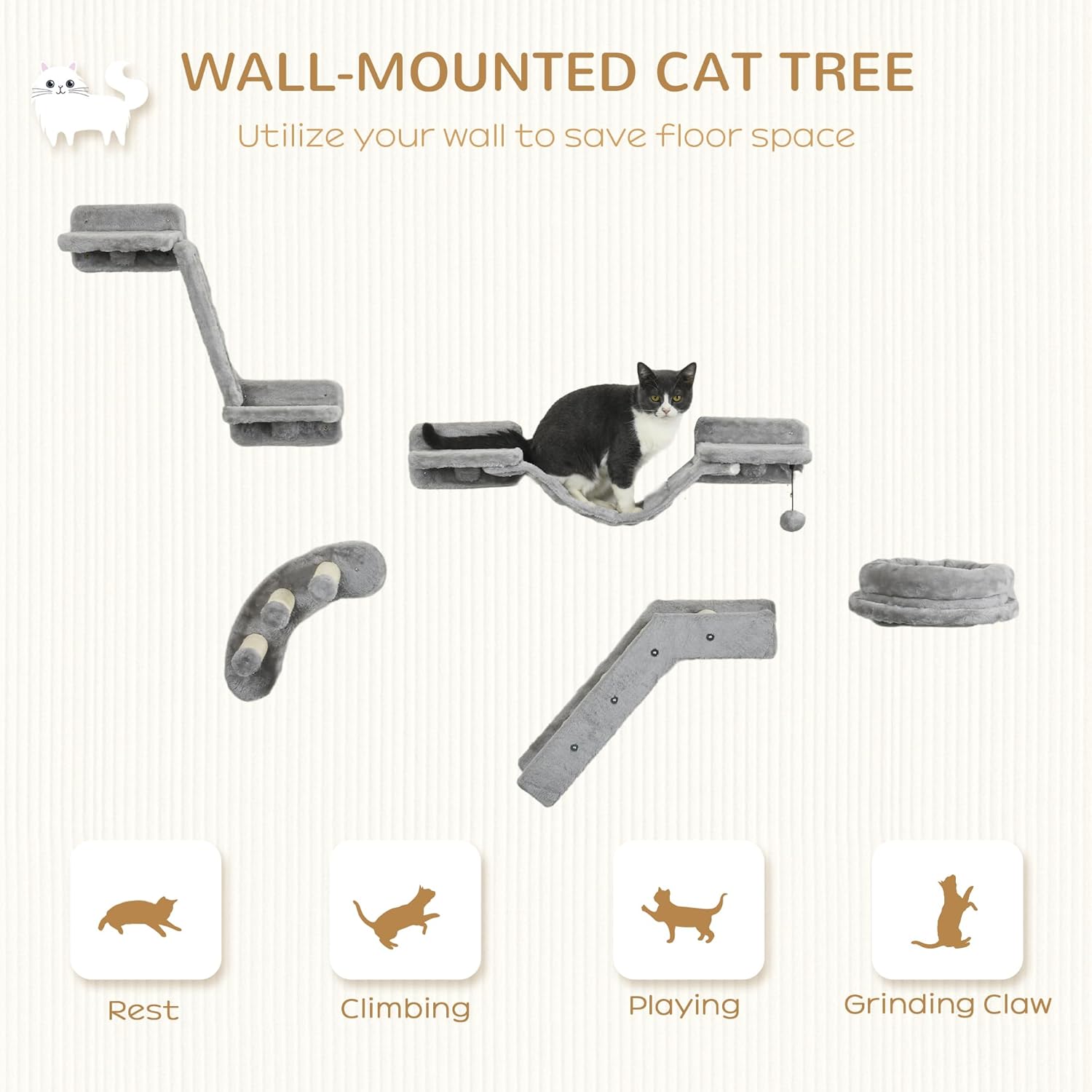 PawHut Cat Wall Shelves with Steps and Perches, Gray E4800