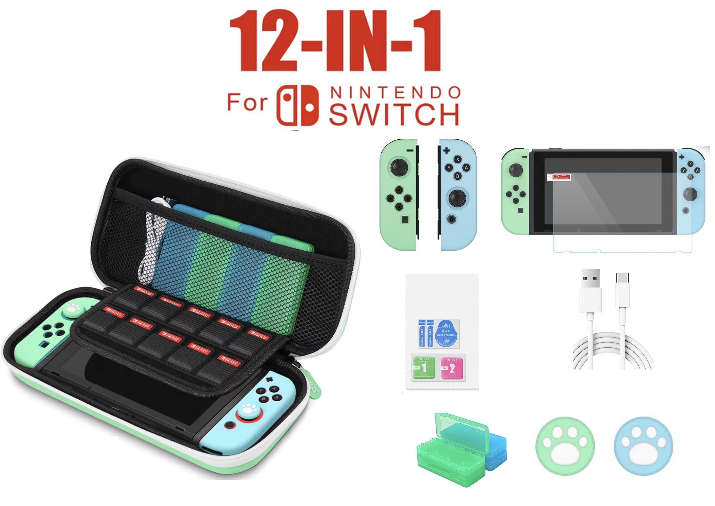 Nintendo Switch 32GB Console with Neon Blue and Red Joy-Con + Marxsol 12-in-1 Accessories Bundle Q792950