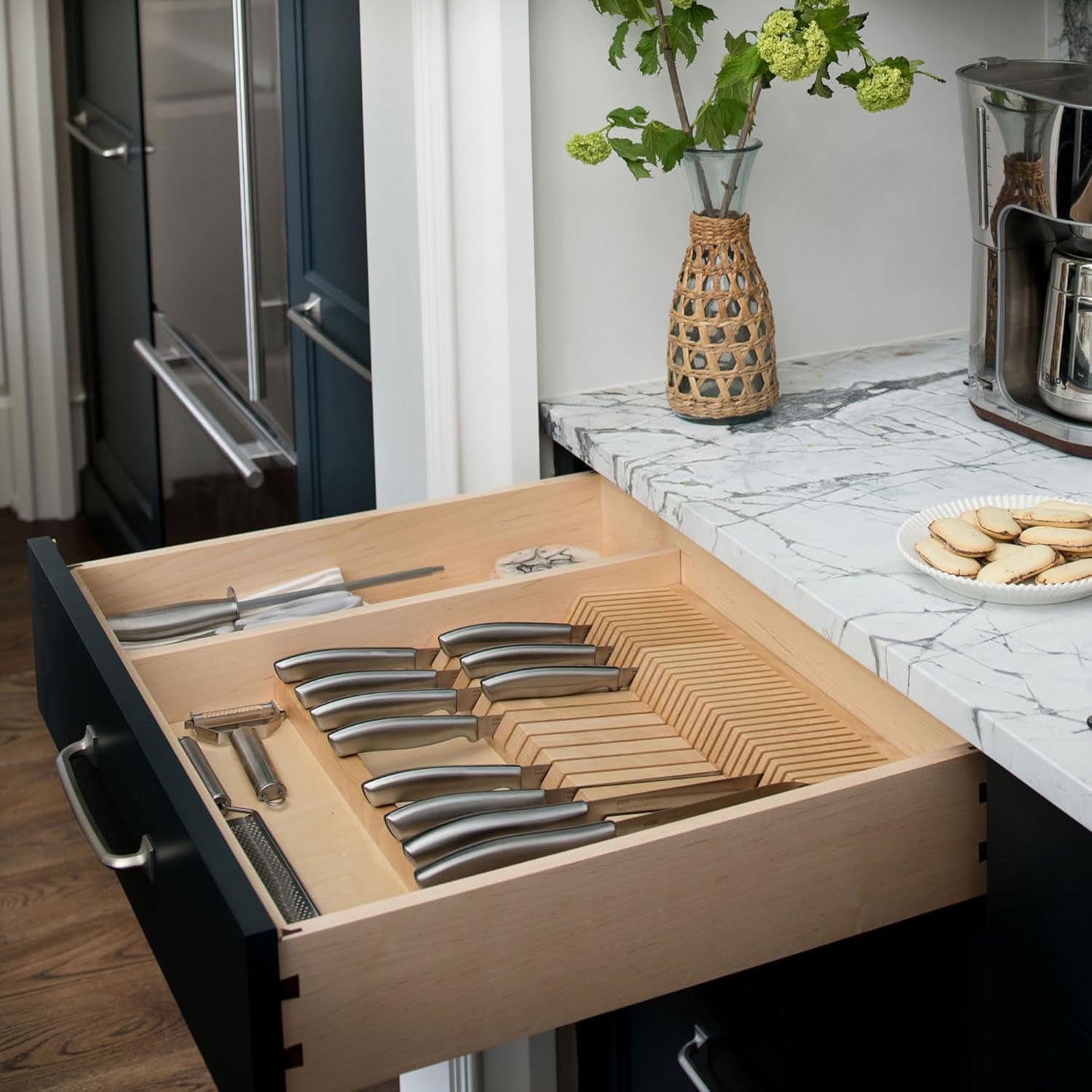 Rev-A-Shelf Dual Row Knife Block Drawer Organizer, 55 Slot Cutlery Tray, Wood N777