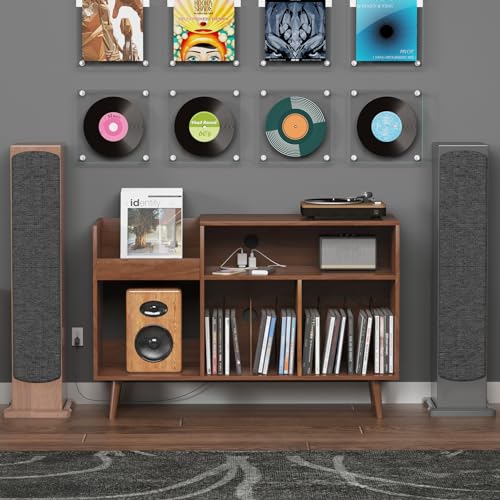 Large Record Player Stand with Power Outlet and Vinyl Storage Cabinet S7690
