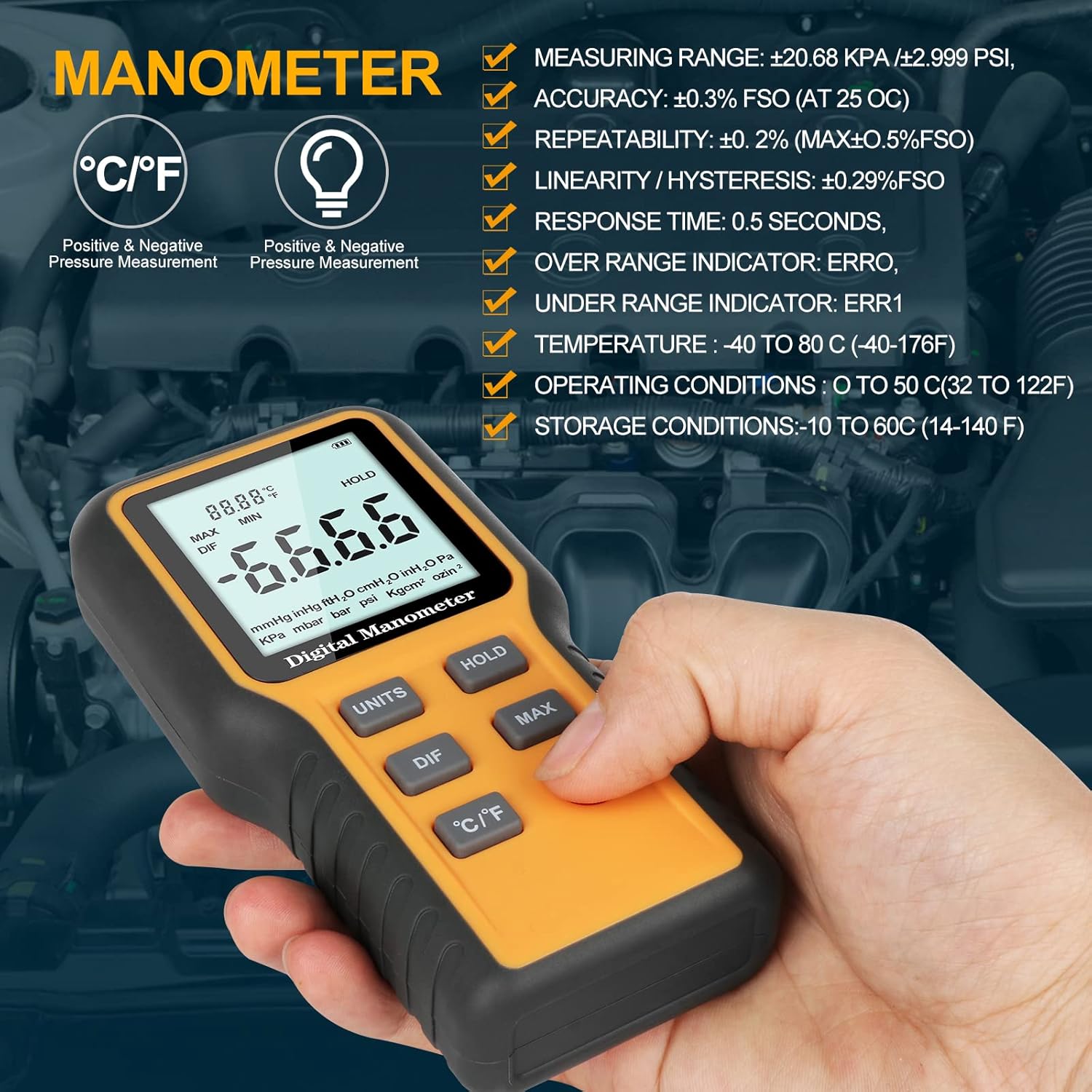 Manometer, Dual-Port HVAC Digital Air Pressure Meter Gas Tester Z185