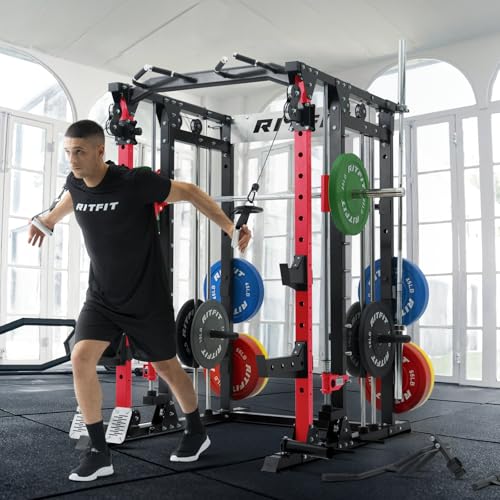 RitFit Buffalo Smith Machine Power Cage with Lat Pull-Down & Cable Crossover for Home Gym V3251