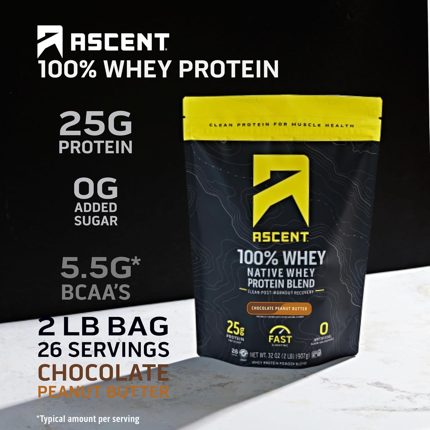 Ascent Whey Protein Powder Chocolate Peanut Butter 2 lb & Creatine Monohydrate Unflavored 45 Servings M84265