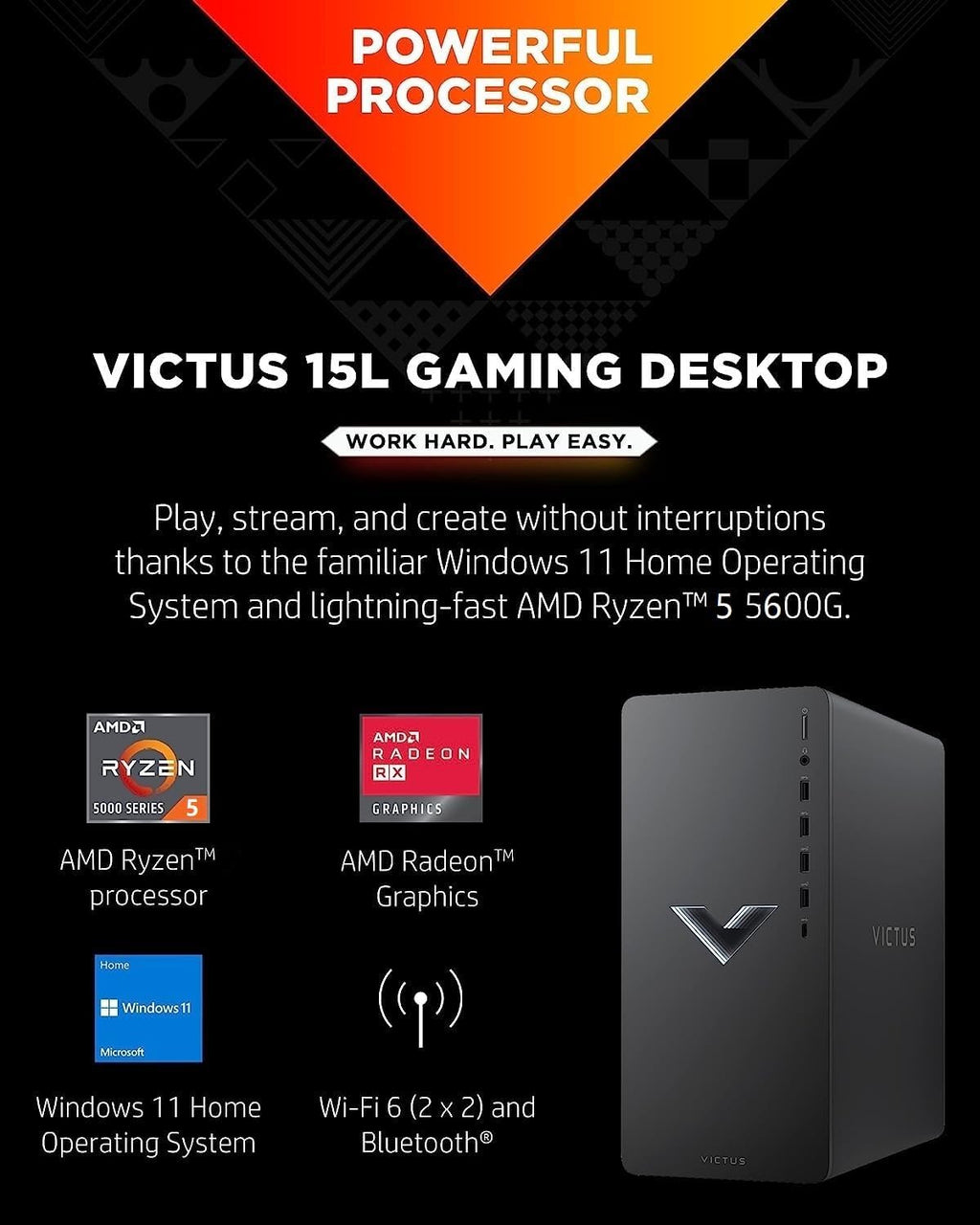 HP Victus 15L Gaming Desktop PC, AMD Ryzen 5 5600G, 32GB RAM, 1TB SSD, Windows 11 E534751