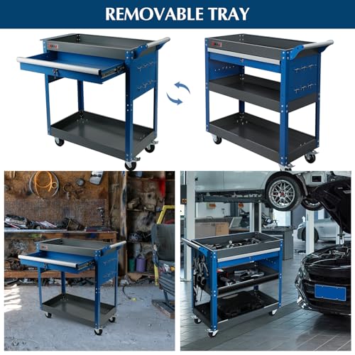 3 Tier Rolling Tool Cart with Drawers, 440 LBS Capacity, Blue F894