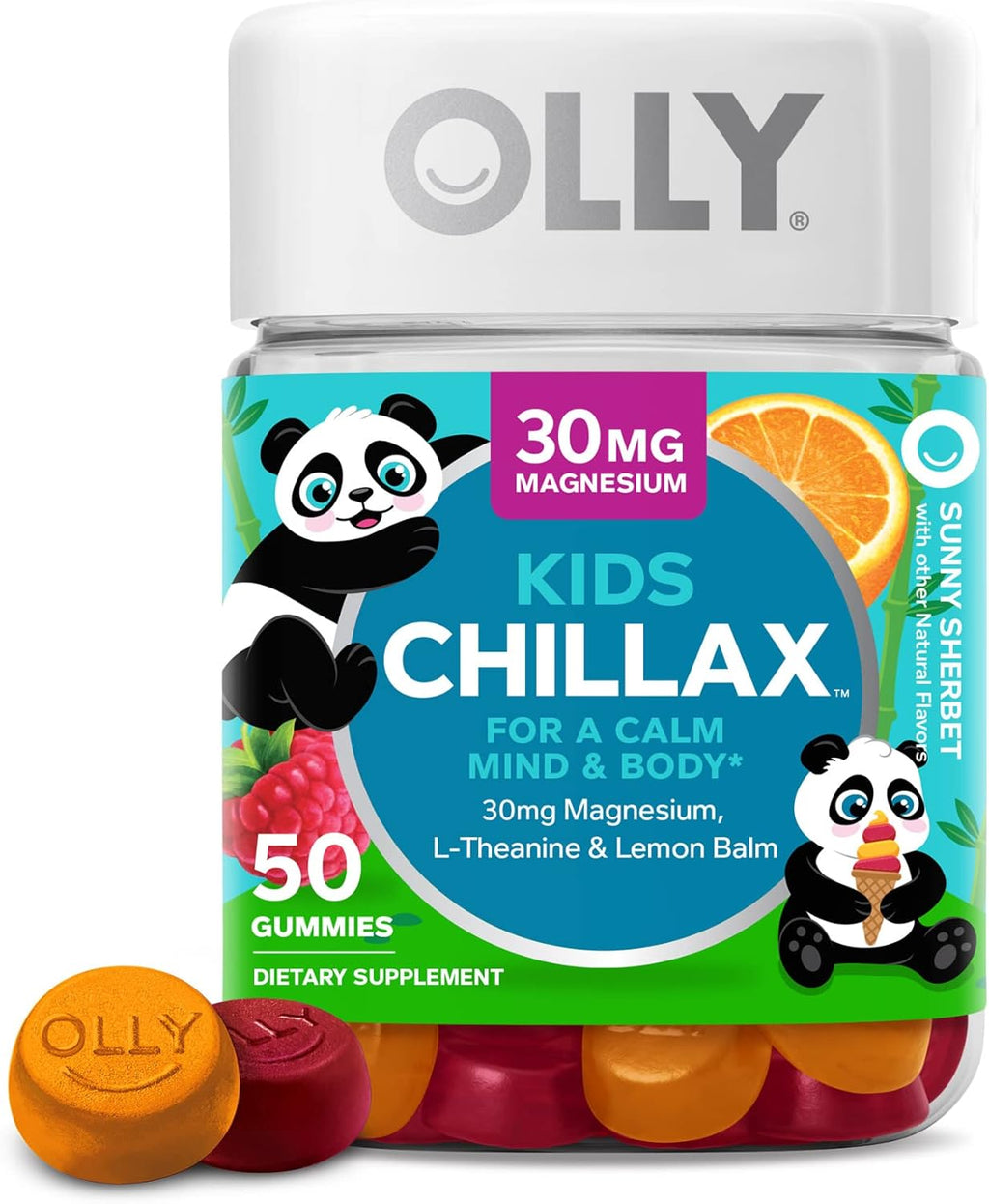 SmartyPants Kids Multivitamin Gummies, Sugar Free, Omega 3 & OLLY Kids Chillax Magnesium Gummies, Calm Chews for Kids 4+, Sherbet Flavor, 50 Count M7340