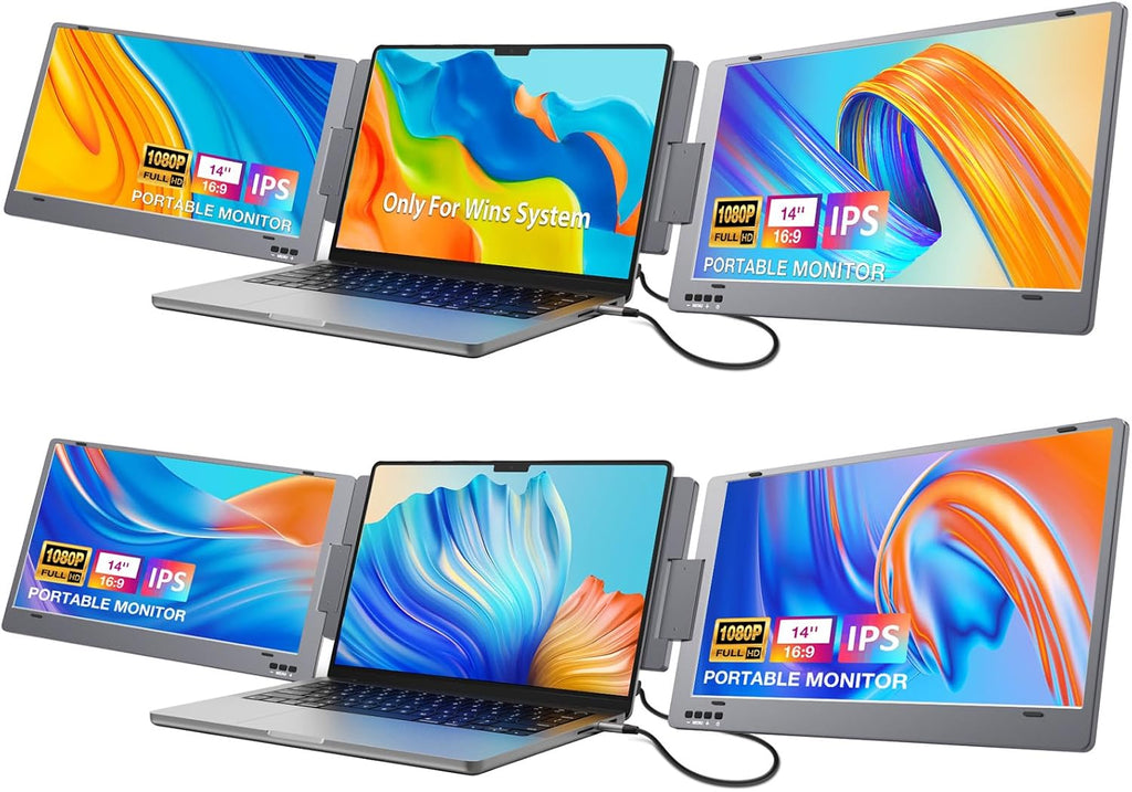 KYY Triple Laptop Screen Extender, 14" 1080P FHD IPS Dual Portable Monitor for Laptop, USB C Travel Extended Monitor for 12-16'' Laptop, 210°Rotation & Kickstand, for Mac Wins Android