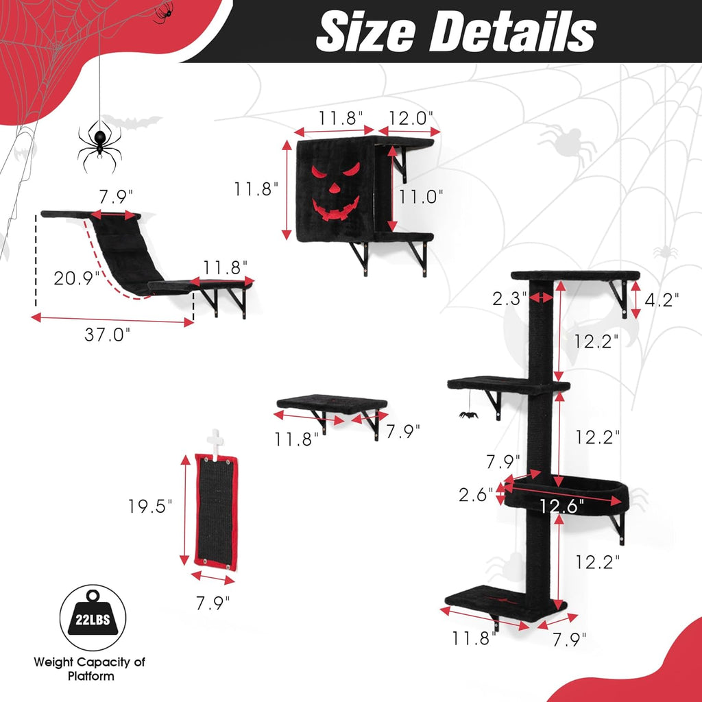 Gothic Wall-Mounted Cat Furniture Set 5-Piece with Shelves, Scratcher & Perch S419