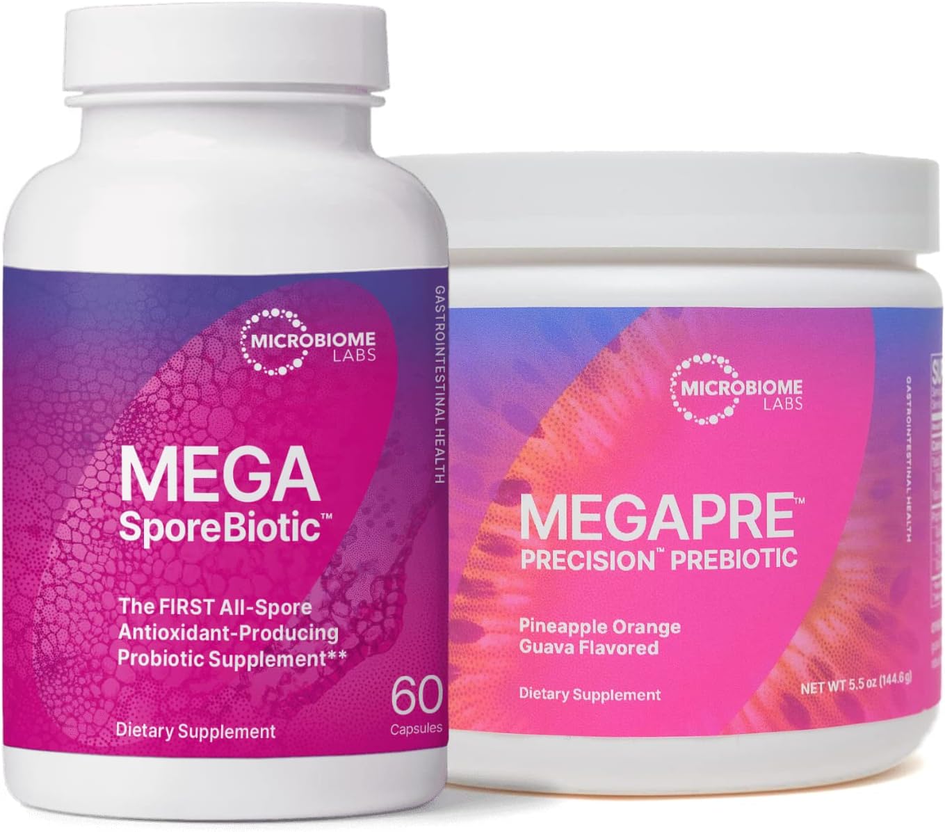 Microbiome Labs MegaSporeBiotic (60 Capsules) + MegaPre (5.5 oz Powder) Probiotic Prebiotic Bundle - Spore-Based Probiotic with Prebiotic Fiber Powder