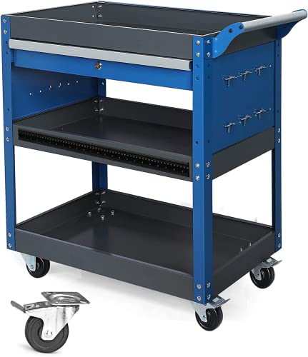 3 Tier Rolling Tool Cart with Drawers, 440 LBS Capacity, Blue F894