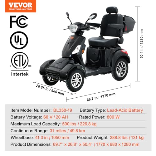 VEVOR Heavy Duty 4-Wheel Mobility Scooter for Seniors, 500lbs Capacity, 31 Miles Range M61036
