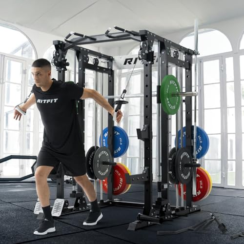 RitFit Buffalo Smith Machine Power Cage with Lat Pull-Down & Cable Crossover for Home Gym V3251