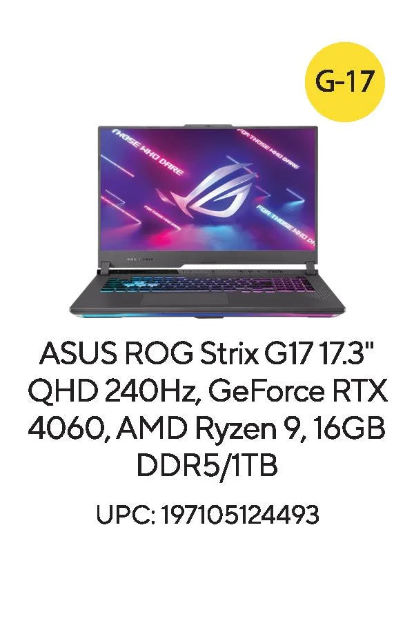 ASUS ROG Strix G17 (2023) 17.3” QHD 240Hz Gaming Laptop, Ryzen 9, RTX 4060, 16GB RAM, 1TB SSD D25416