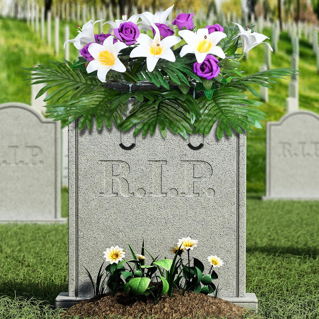 Purple Rose and Lily Artificial Cemetery Flower Saddle for Headstone D120310