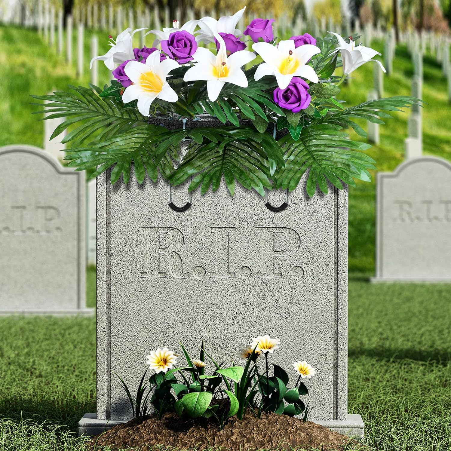 Purple Rose and Lily Artificial Cemetery Flower Saddle for Headstone D120310