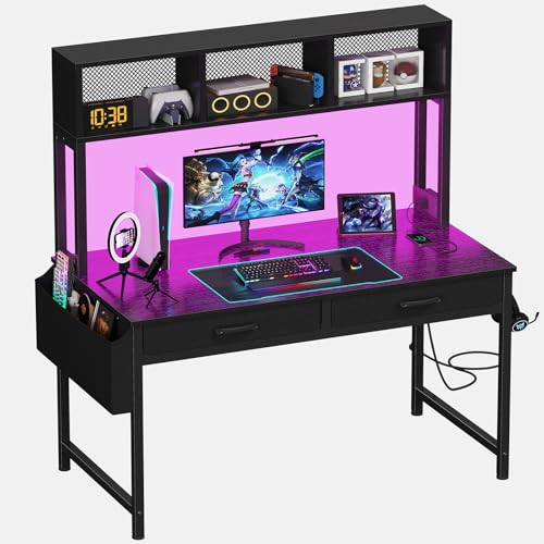 Black Gaming Desk with Hutch and Shelves, 47 Inch with LED Light and Power Outlets C685