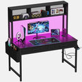 Black Gaming Desk with Hutch and Shelves, 47 Inch with LED Light and Power Outlets C685