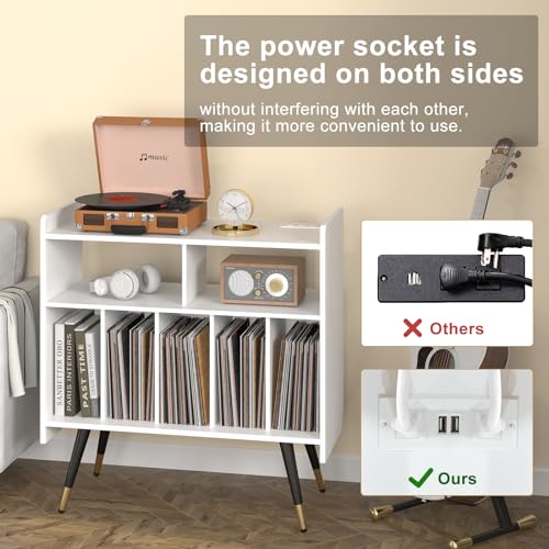 Large Record Player Stand with Power Outlet, Holds 350 Albums, Black I10987
