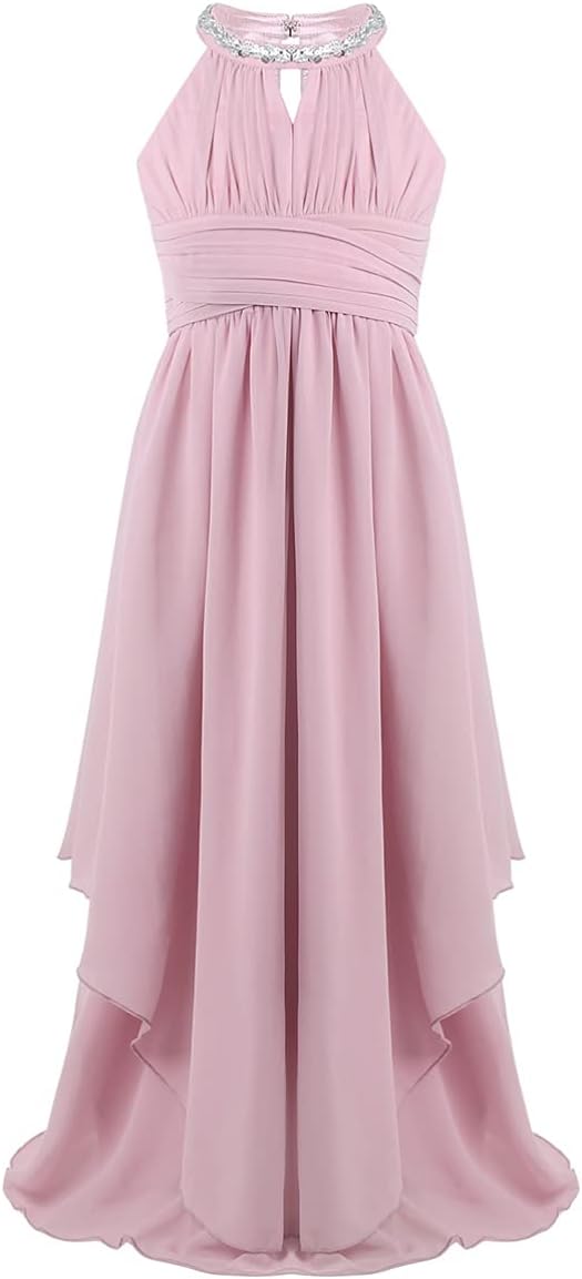 Alvivi Big Girls Halter-Neck Floral Lace Junior Bridesmaid Romper Dress Wedding Party Ball Prom Evening Long Gowns Light Pink B 16 Years