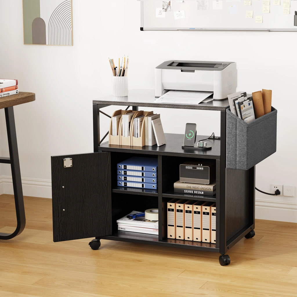 Dextrus Lateral File Cabinet, Wood Printer Stand with Charging Station, Black L37427