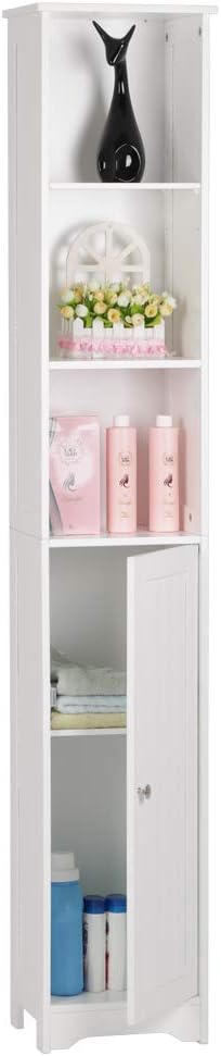White Tall Bathroom Storage Cabinet, Slim Corner Floor Cabinet with Doors W671484
