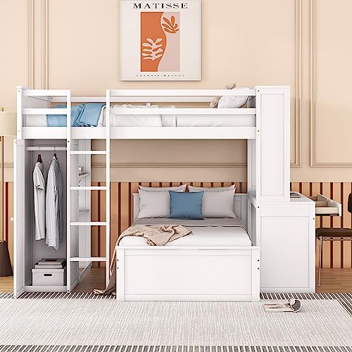 Harper & Bright Designs Full Over Twin Bunk Bed with Desk and Storage, Solid Wood, Gray L8927