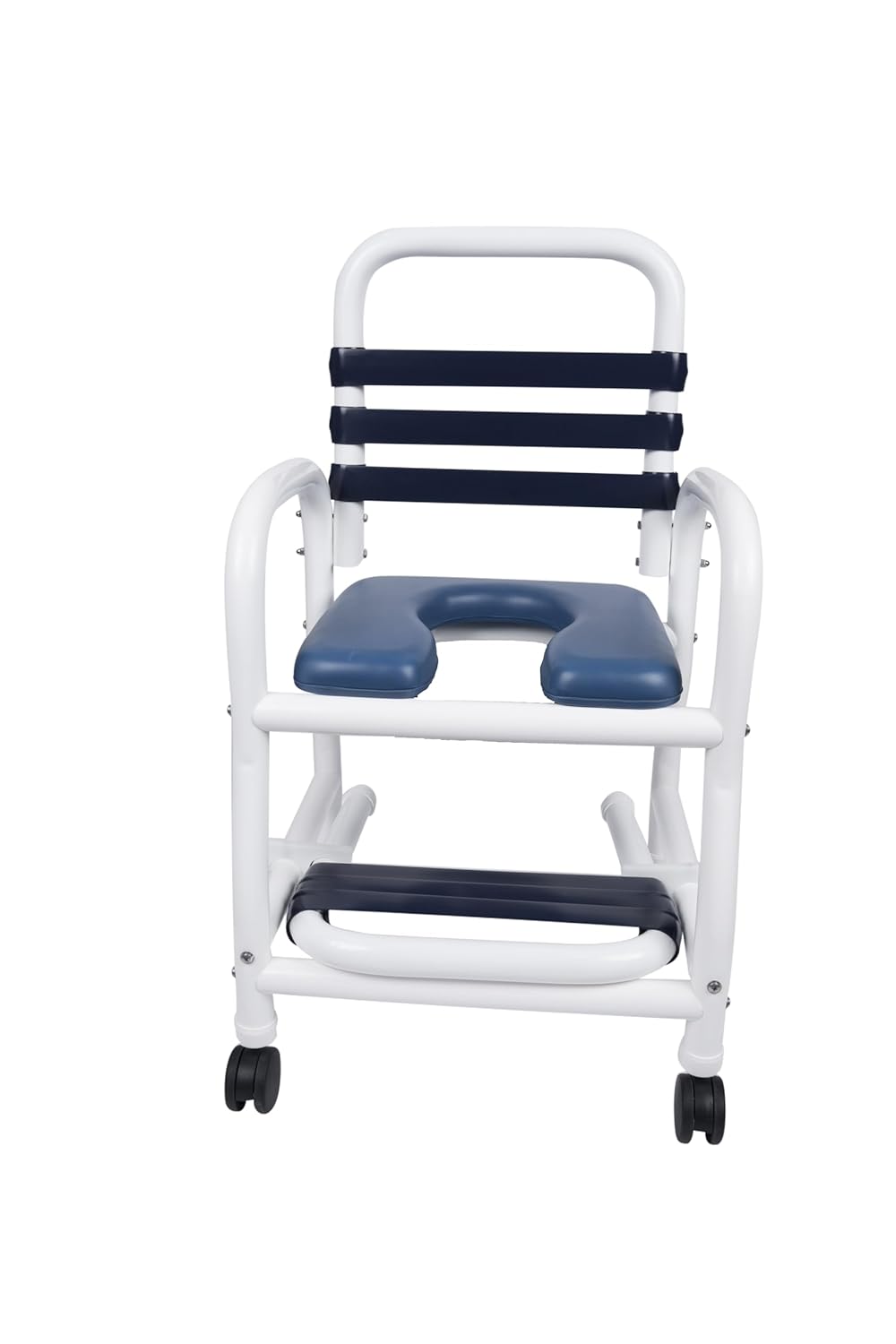 Deluxe New Era Patented Shower Chair, 18" Internal Width, Open Front Removable Soft Seat, NO Commode Pail, with Soft Touch Slide Out footrest, 3" Twin All Locking Casters, 310 lbs wt Capacity