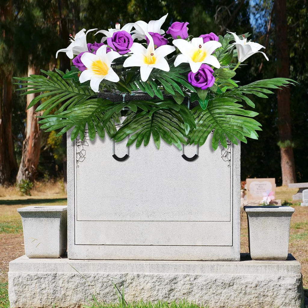 Purple Rose and Lily Artificial Cemetery Flower Saddle for Headstone D120310