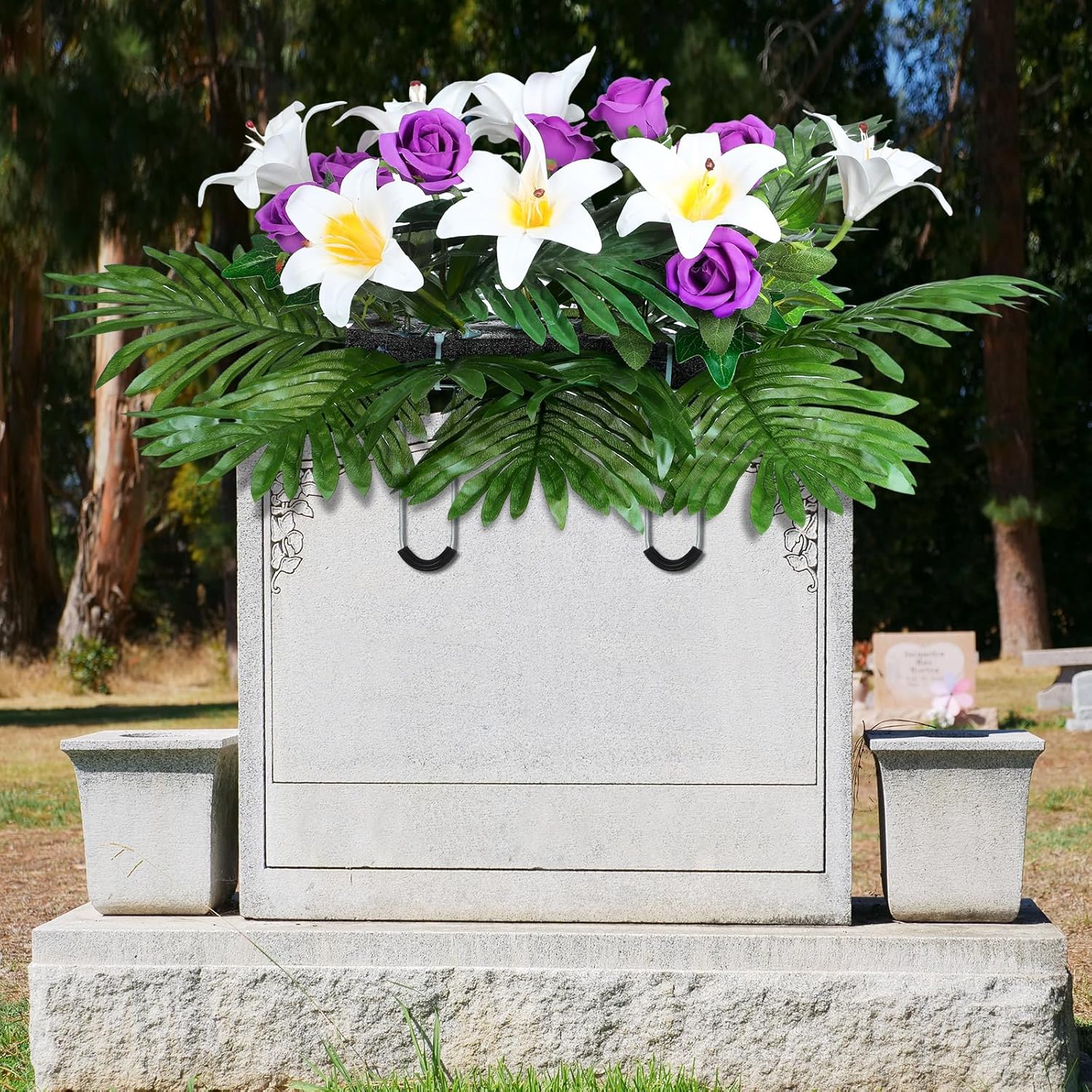 Purple Rose and Lily Artificial Cemetery Flower Saddle for Headstone D120310