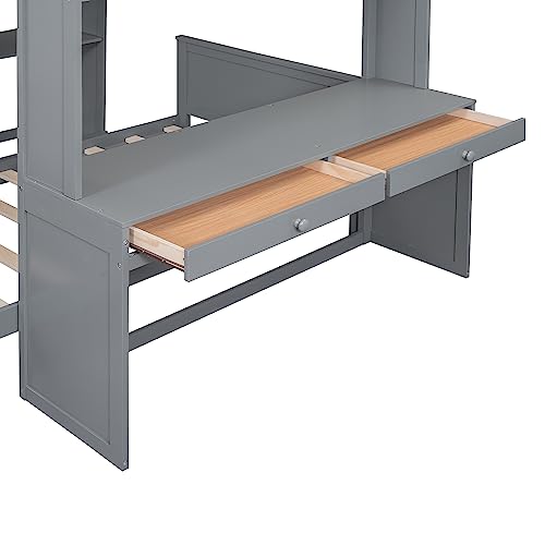 Harper & Bright Designs Full Over Twin Bunk Bed with Desk and Storage, Solid Wood, Gray L8927