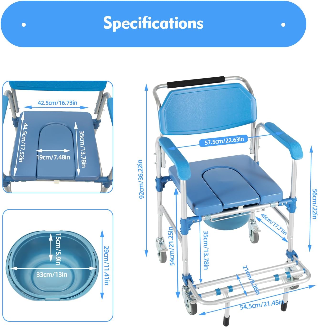 Shower Commode Wheelchair with 4 Universal Wheels, Foldable Pedal, 330Lbs Capacity N2946