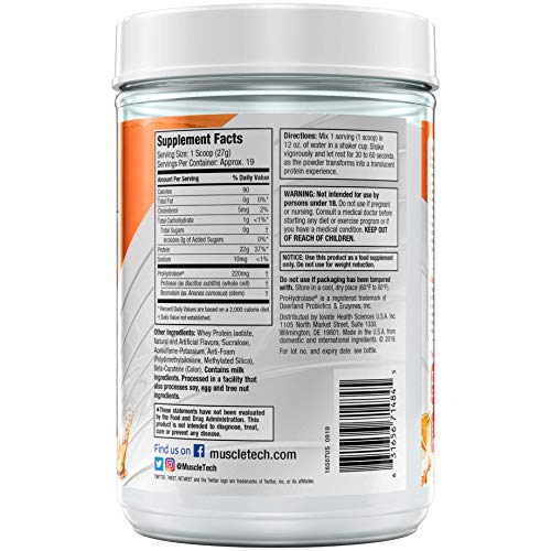 MuscleTech Clear Whey Protein Isolate Powder, Orange Dreamsicle, 22g Protein A269229