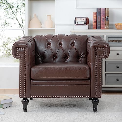 Chesterfield Leather Chair with Tufted Back and Solid Wood Legs, Brown P779