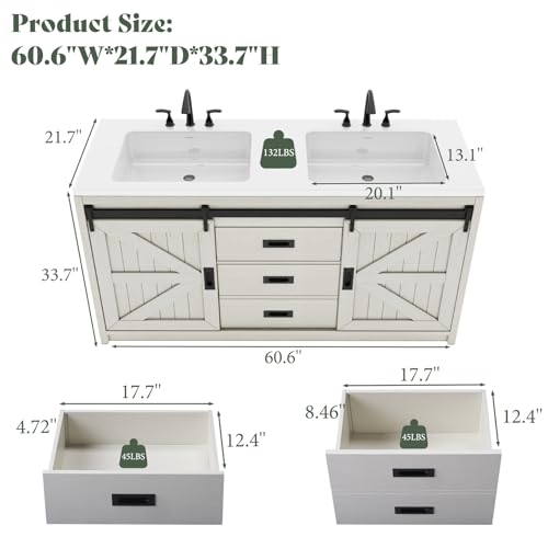 60" Farmhouse Sliding Barn Door Bathroom Vanity with Sink, Gray D68921