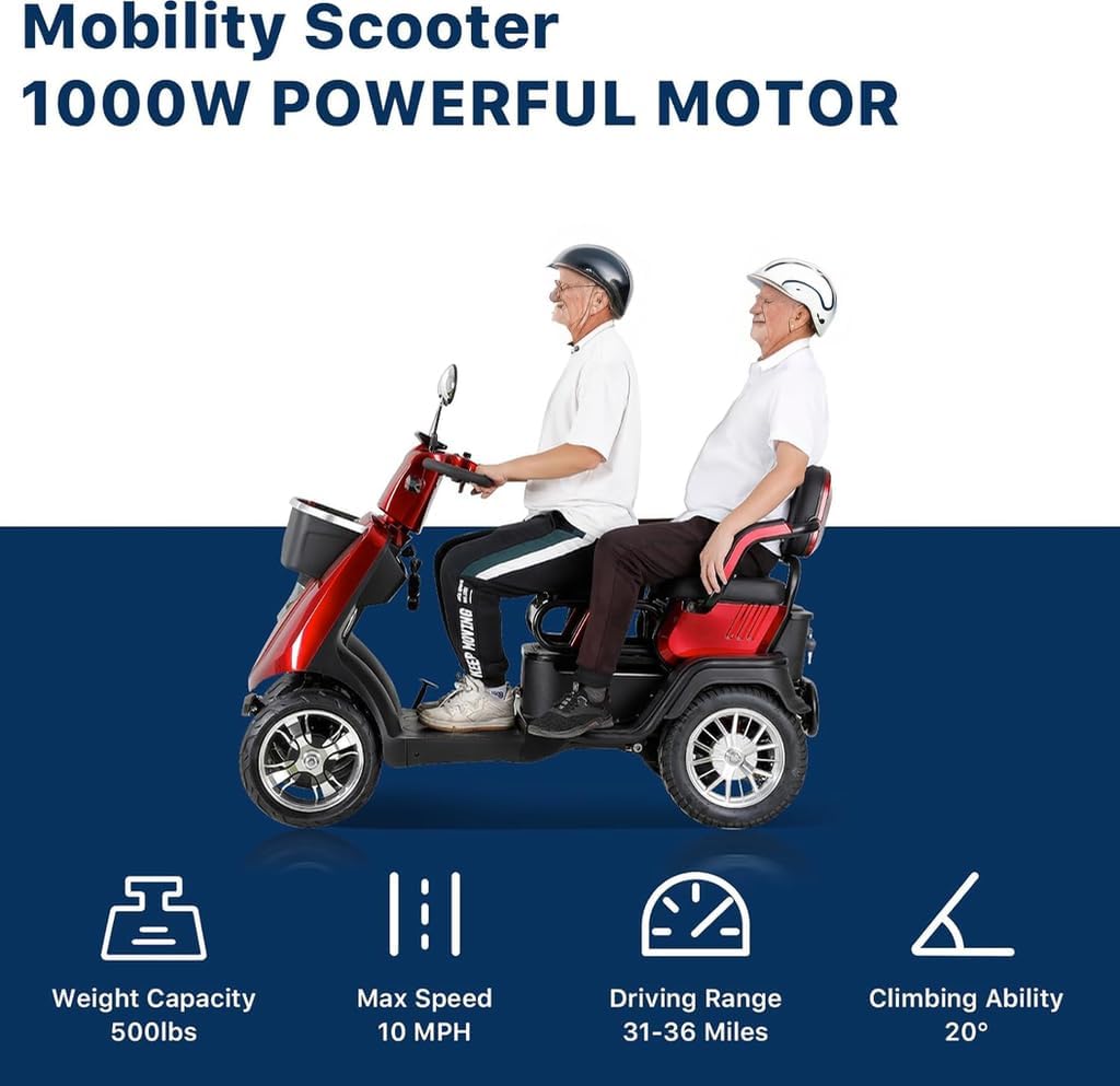 Two Seater Mobility Scooter 500lbs Capacity Heavy Duty Electric - Red D52623