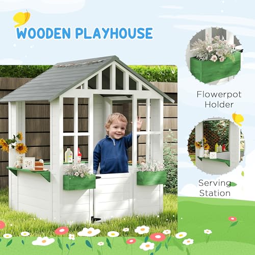 Outsunny Kids Wooden Playhouse with Working Door and Windows, White O609