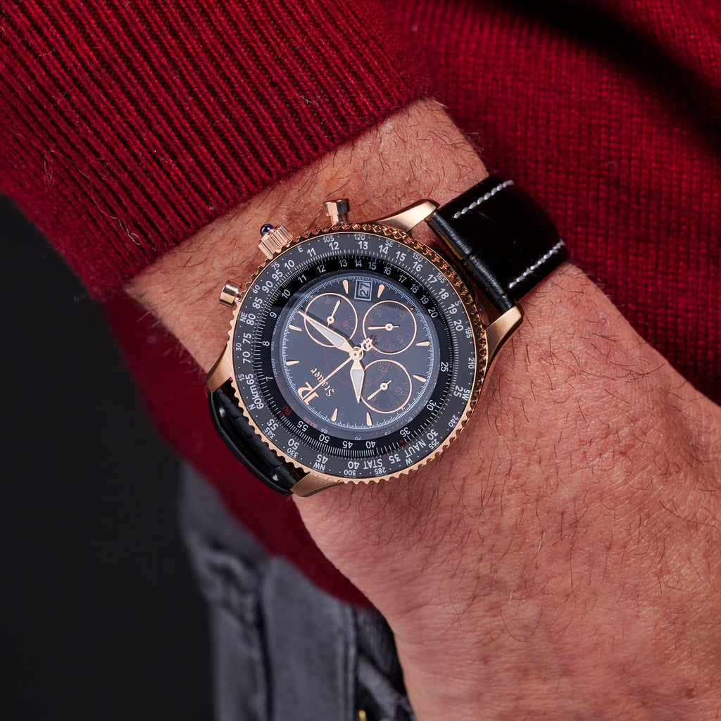 Stauer 1916 Midnight Flyboy Men's Chronograph Watch, Rose Gold Case, Black Leather Band Q2464