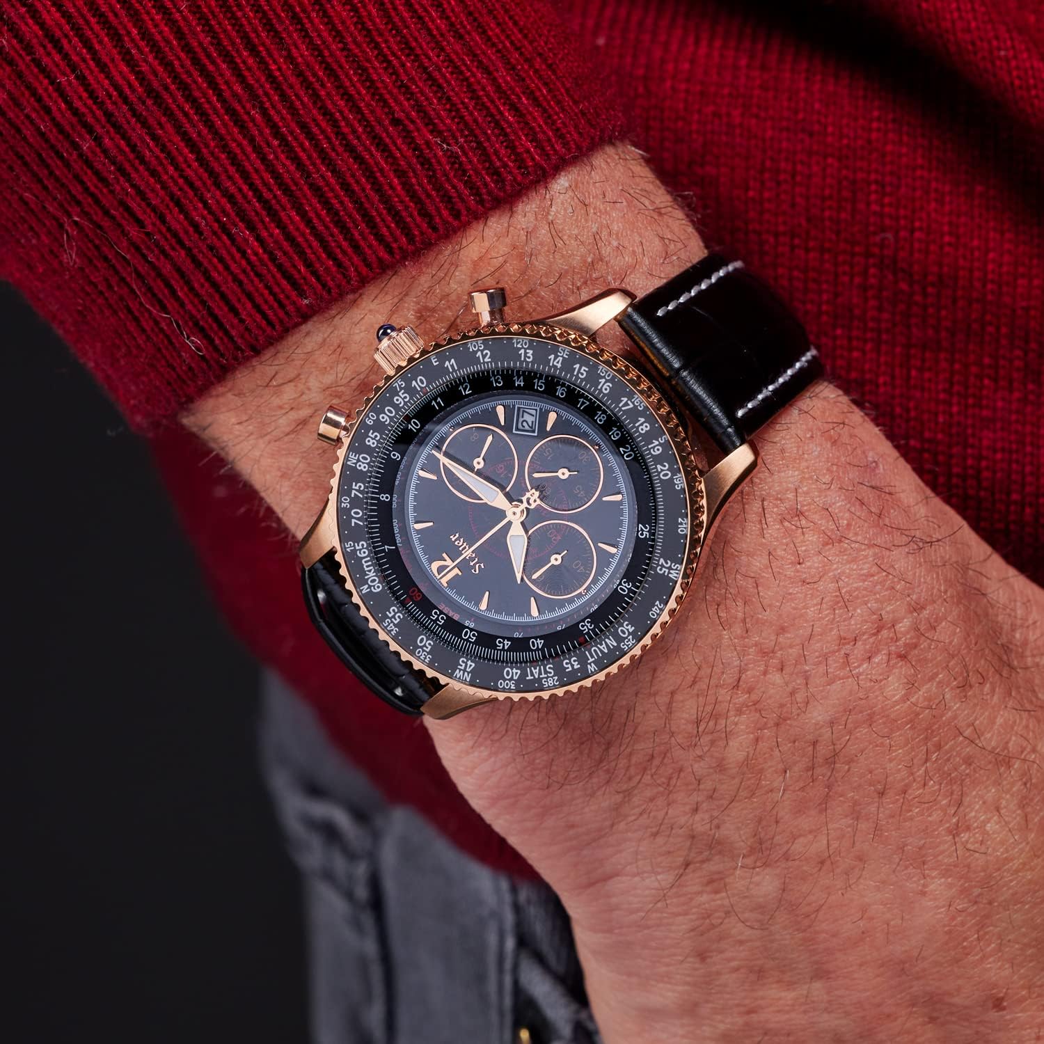 Stauer 1916 Midnight Flyboy Men's Chronograph Watch, Rose Gold Case, Black Leather Band Q2464