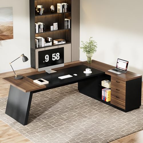 Tribesigns 78" L-Shaped Executive Desk with Drawers and File Cabinet, Walnut & Black V6249